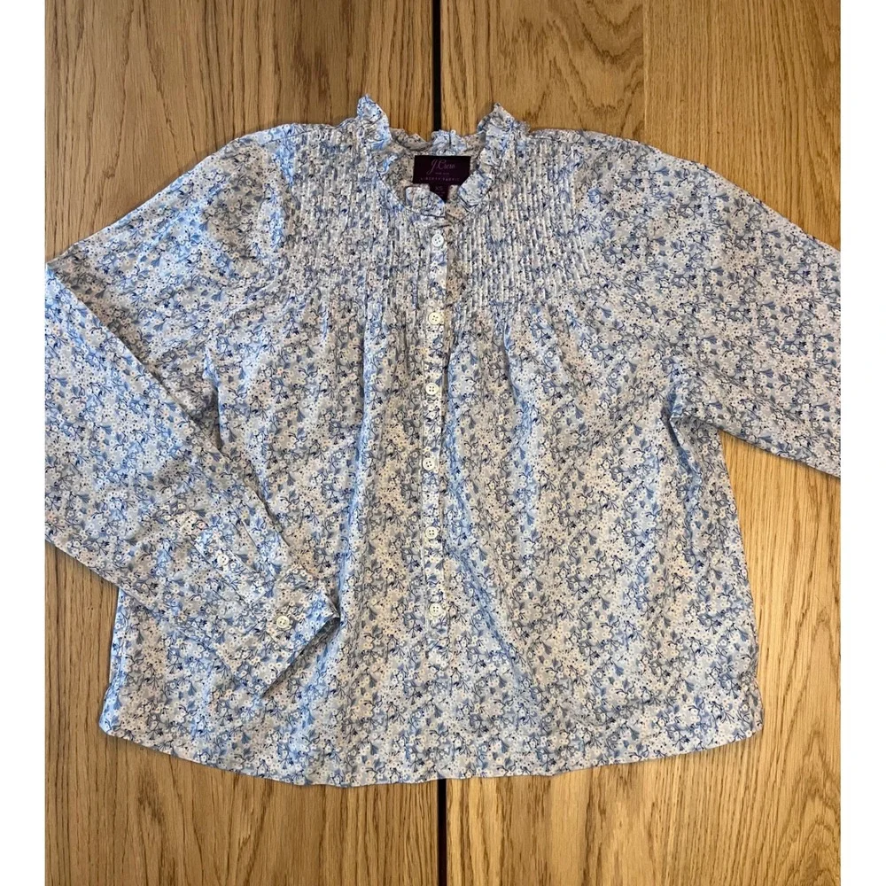 J.Crew Liberty Fabric Floral Blouse Womens XS Blue Cottagecore Pintuck Top - Picture 11 of 11